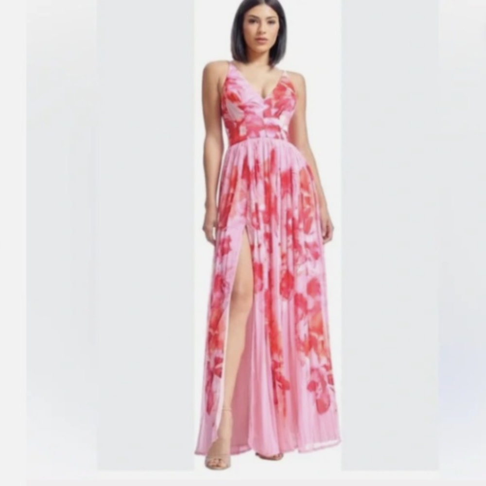 Dress The Population Alyssa Pink Red Floral Formal Gown Maxi Slit Dress